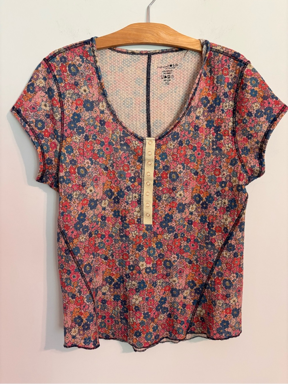 Natural Life pink and blue floral waffle-knit short-sleeve henley top